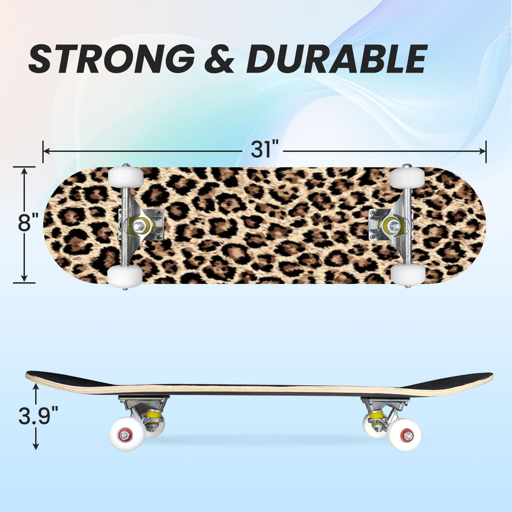 31"x8" Complete Skateboards for Beginners,Black Leopard Print Grey Double Kick 7 Ply Canadian Maple Deck Skateboard with Wheels, Gifts for Kids Teens
