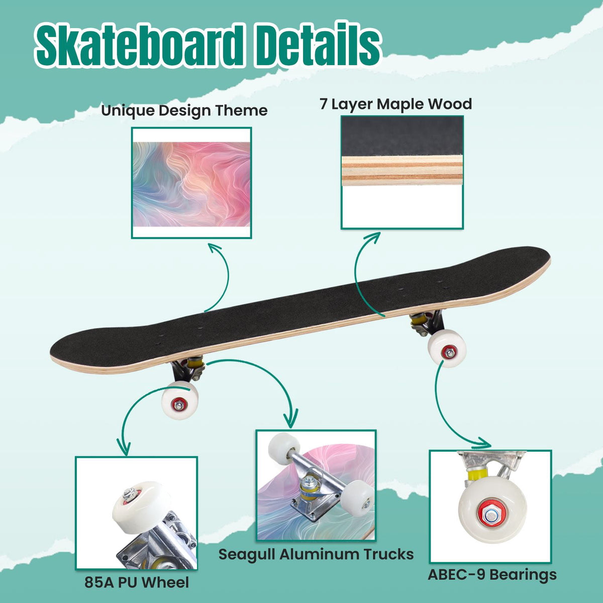 Pink Marble Fluid Abstract Design 31" x 8" Complete Skateboard, 7-Ply Canadian Maple Double Kick Trick Board for Kids and Beginners Adult Gifts