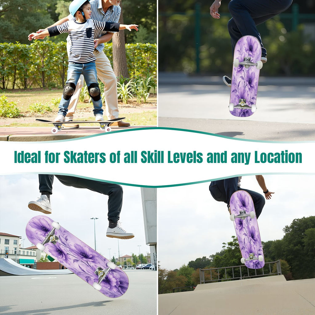 31"x8" Complete Skateboards for Beginners, Colorful Mushroom Floral Magical Night Forest Vintage Double Kick 7 Ply Canadian Maple Deck Skateboard with Wheels, Gifts for Kids Teens