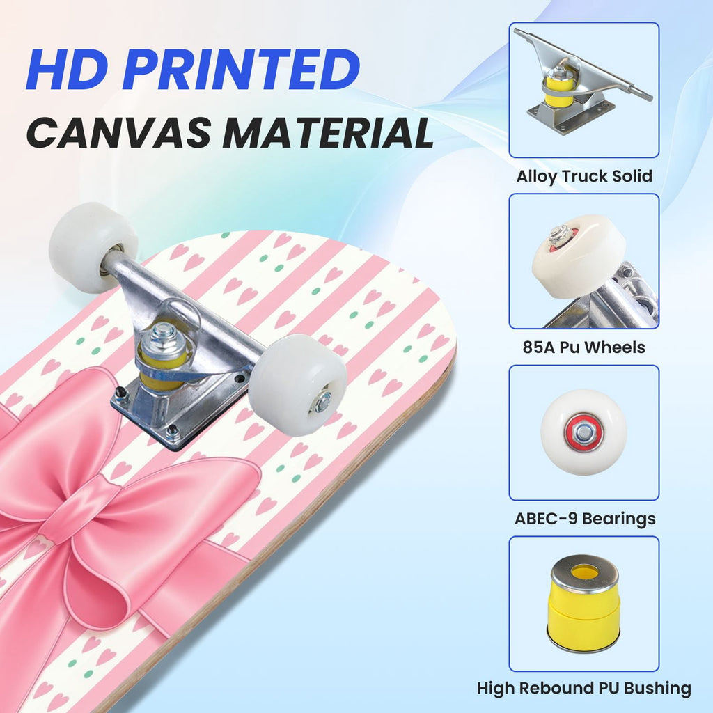 31"x8" Complete Skateboards for Beginners, Pink Bow Heart Vertical Stripes Romantic Double Kick 7 Ply Canadian Maple Deck Skateboard with Wheels, Gifts for Kids Teens