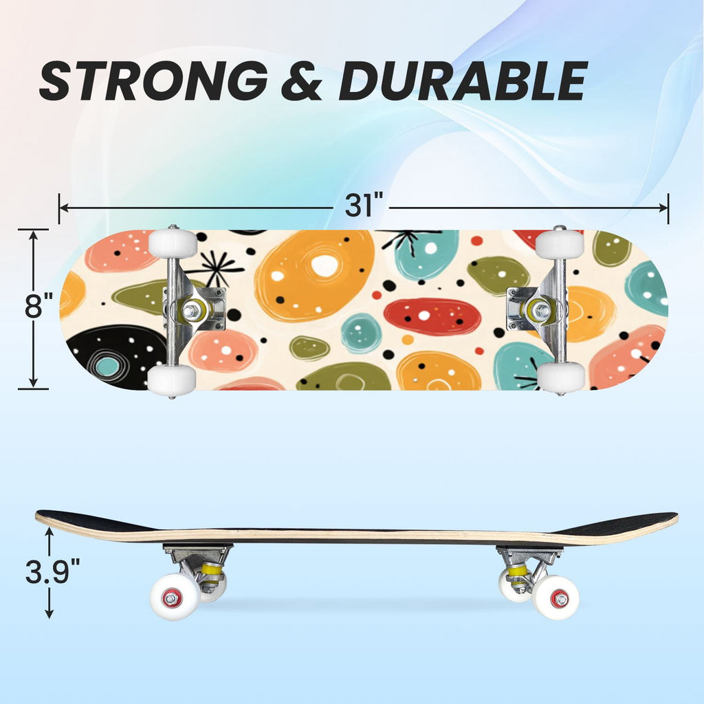 31"x8" Complete Skateboards for Beginners,Cartoon Hand Drawn Ice Cream Doodles Seamless Cones Cupcakes Double Kick 7 Ply Canadian Maple Deck Skateboard with Wheels, Gifts for Kids Teens