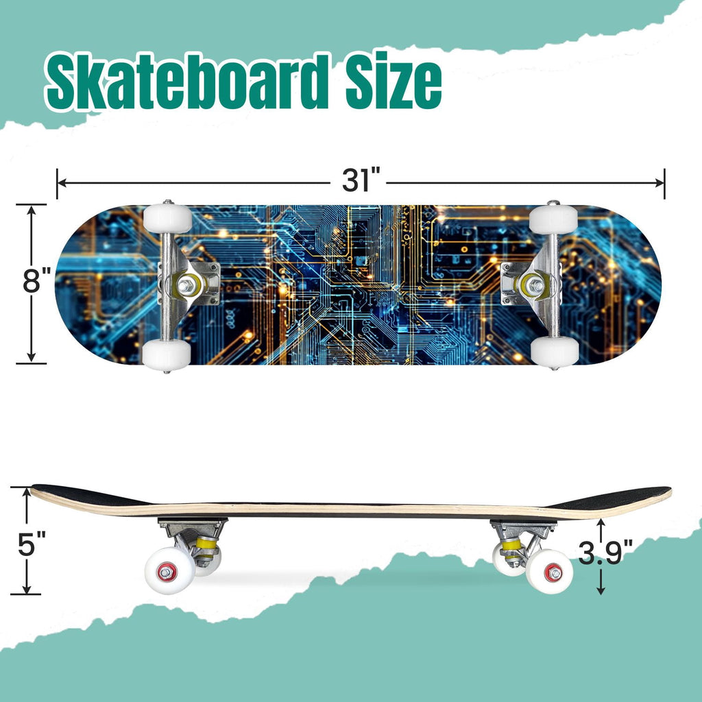 Futuristic Blue Abstract Technology Glowing Core 31" x 8" Complete Skateboard, 7-Ply Canadian Maple Double Kick Trick Board for Kids and Beginners Adult Gifts