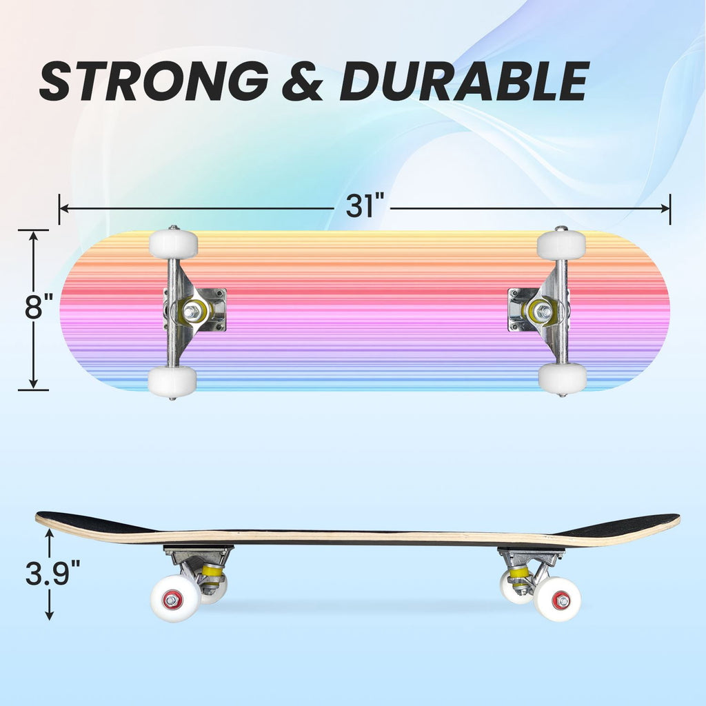 31"x8" Complete Skateboards for Beginners,Watercolor Watermelon Slices Pink Striped Double Kick 7 Ply Canadian Maple Deck Skateboard with Wheels, Gifts for Kids Teens
