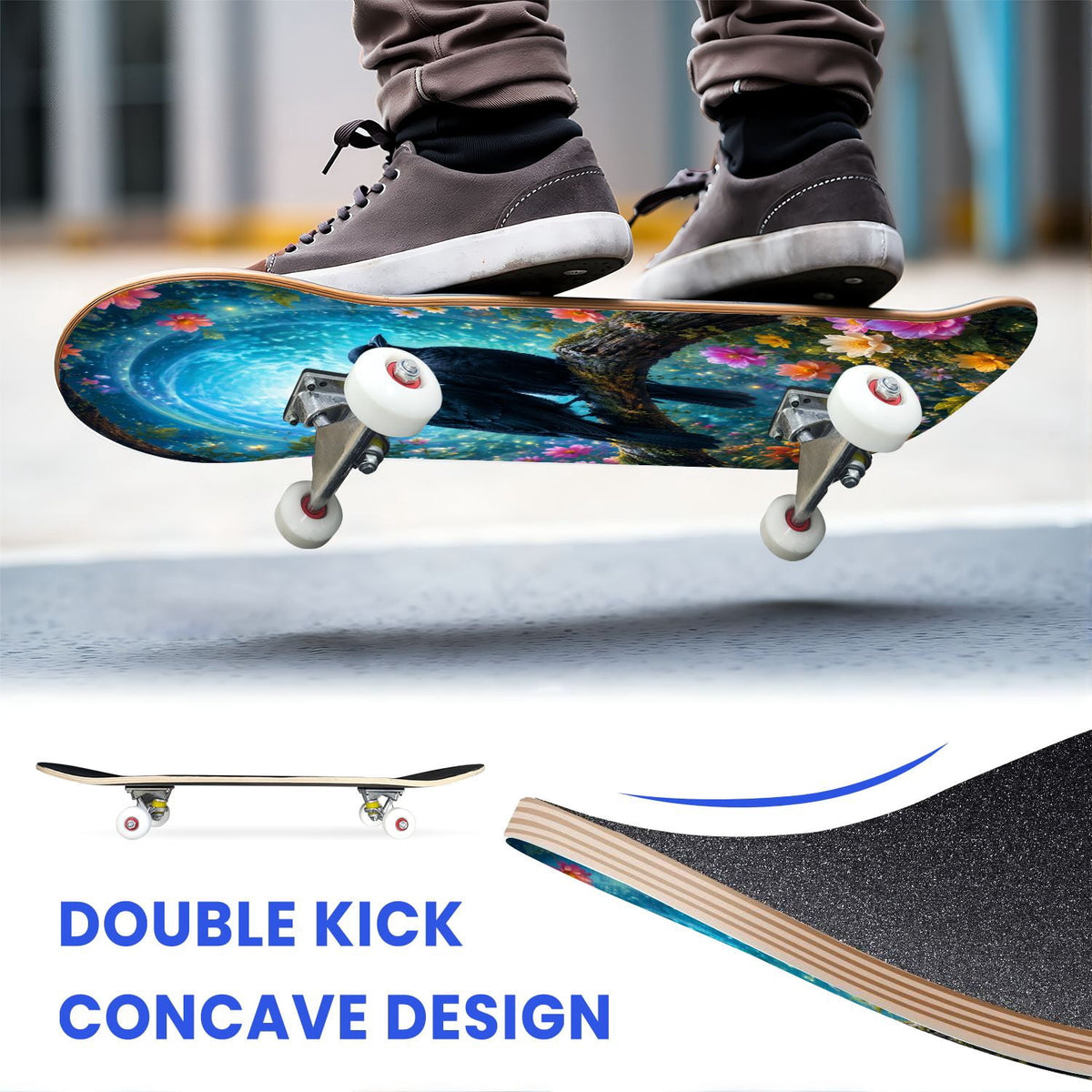 31"x8" Complete Skateboards for Beginners,Halloween Themed Pumpkins Witch Hats Spooky Double Kick 7 Ply Canadian Maple Deck Skateboard with Wheels, Gifts for Kids Teens