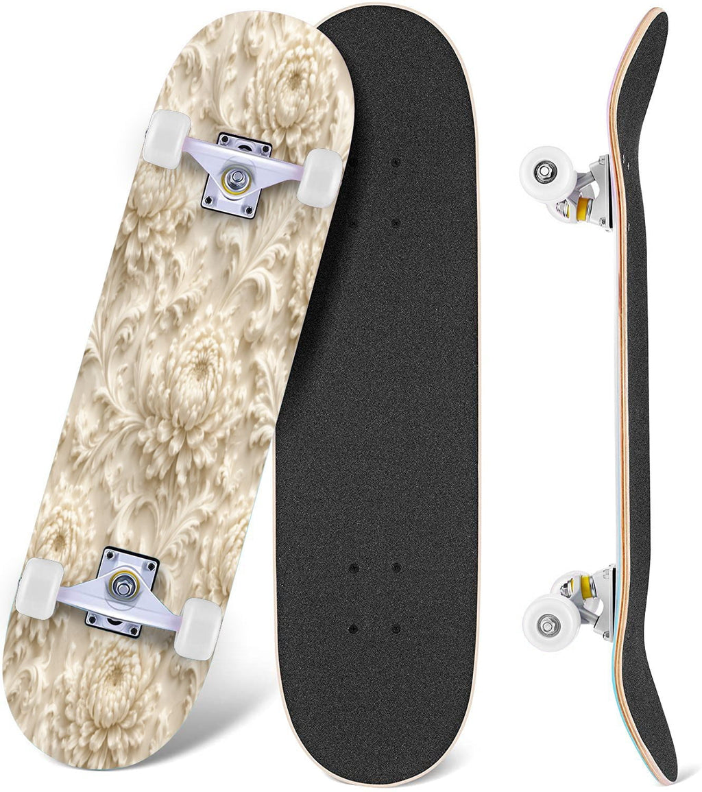 3D Nude Visual Effect Yellowish Brown Layered Chrysanthemum 31" x 8" Complete Skateboard, 7-Ply Canadian Maple Double Kick Trick Board for Kids and Beginners Adult Gifts