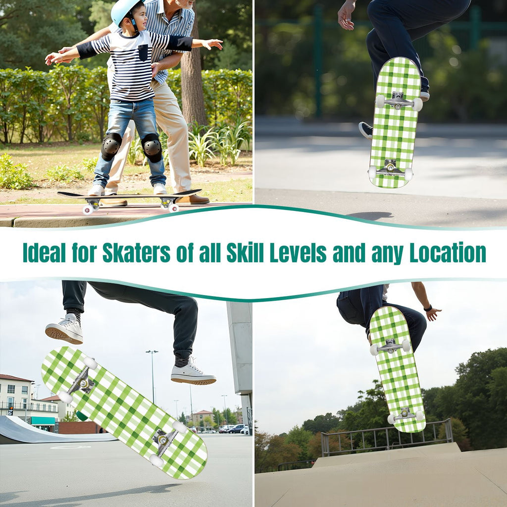 31"x8" Complete Skateboards for Beginners,Mint Green White Plaid Tartan Subtle Double Kick 7 Ply Canadian Maple Deck Skateboard with Wheels, Gifts for Kids Teens