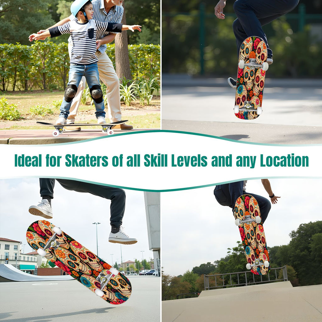 31"x8" Complete Skateboards for Beginners, Colorful Sugar Skulls Floral Patterns Mexican Double Kick 7 Ply Canadian Maple Deck Skateboard with Wheels, Gifts for Kids Teens