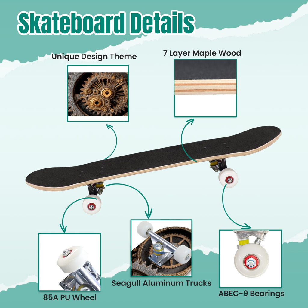 Watercolor Botanical Blue Green Leaves Flowers 31" x 8" Complete Skateboard, 7-Ply Canadian Maple Double Kick Trick Board for Kids and Beginners Adult Gifts