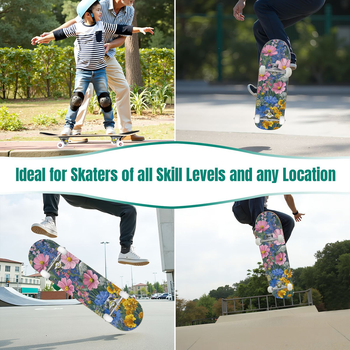 Monstera Leaves Leopard Print Seamless Earth Tones 31" x 8" Complete Skateboard, 7-Ply Canadian Maple Double Kick Trick Board for Kids and Beginners Adult Gifts