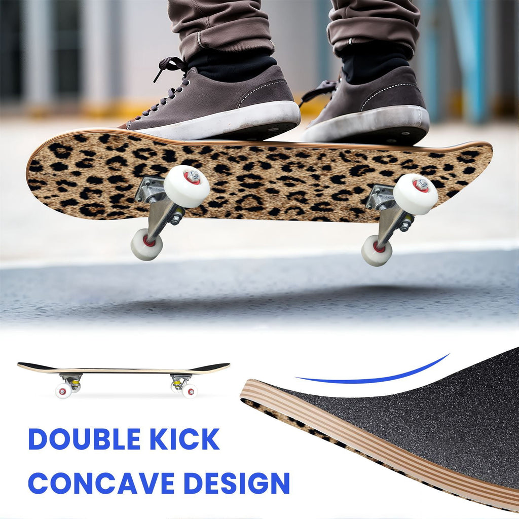 31"x8" Complete Skateboards for Beginners,Black Leopard Print Grey Double Kick 7 Ply Canadian Maple Deck Skateboard with Wheels, Gifts for Kids Teens