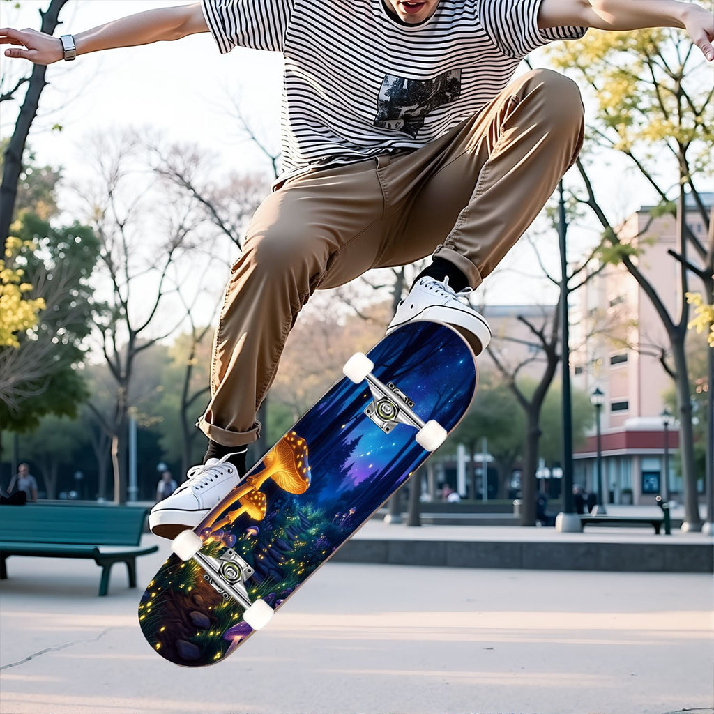 31"x8" Complete Skateboards for Beginners, Magical Forest Glowing Mushrooms Twinkling Fantasy Double Kick 7 Ply Canadian Maple Deck Skateboard with Wheels, Gifts for Kids Teens