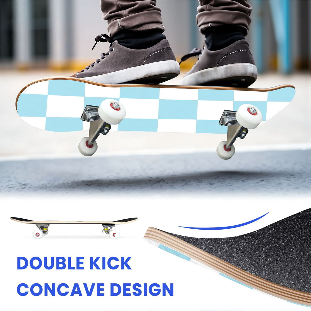 31"x8" Complete Skateboards for Beginners,Pink White Gingham Checkered Subtle Double Kick 7 Ply Canadian Maple Deck Skateboard with Wheels, Gifts for Kids Teens