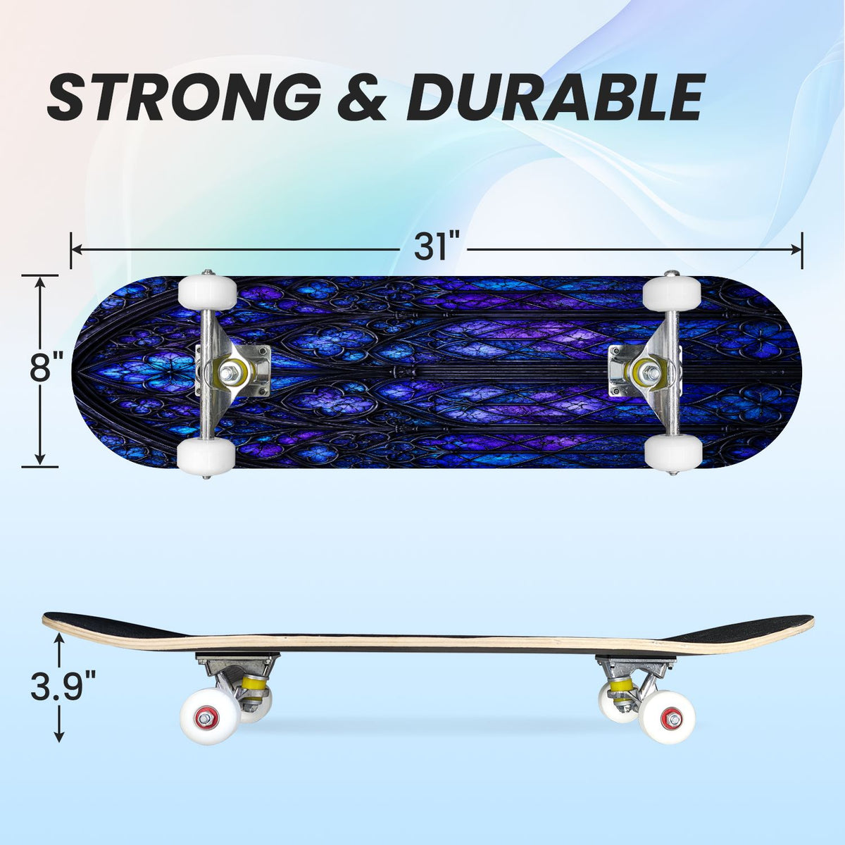31"x8" Complete Skateboards for Beginners, Purple White Cosmos Flowers Butterflies Watercolor Double Kick 7 Ply Canadian Maple Deck Skateboard with Wheels, Gifts for Kids Teens