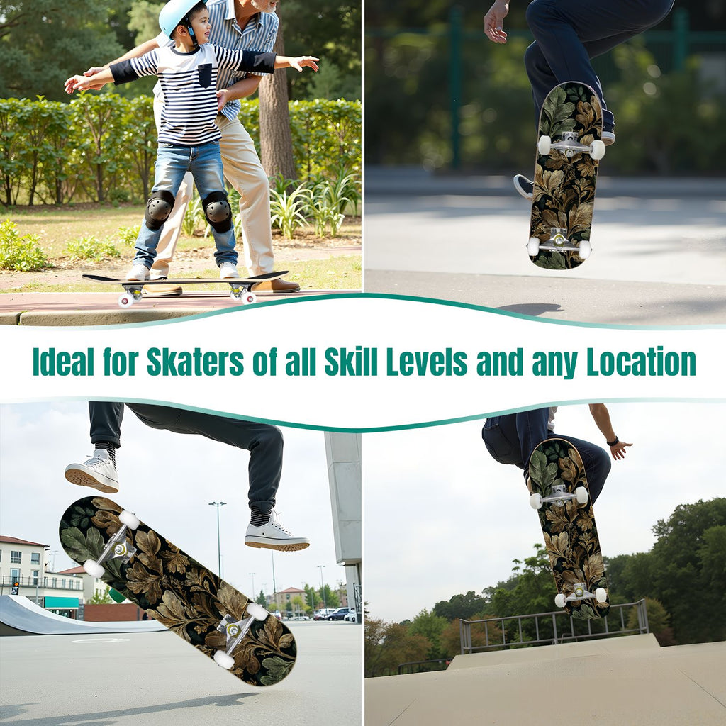 Botanical Embroidery Golden Green Leaves Black 31" x 8" Complete Skateboard, 7-Ply Canadian Maple Double Kick Trick Board for Kids and Beginners Adult Gifts