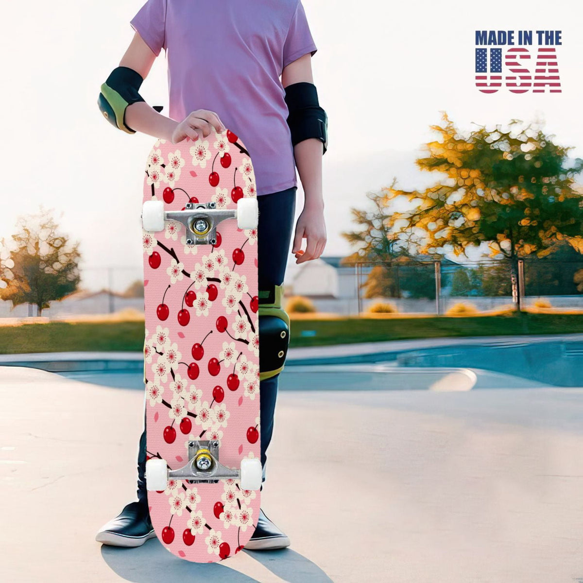 31"x8" Complete Skateboards for Beginners, Cherry Blossom Red Cherry Seamless Pink Botanical Double Kick 7 Ply Canadian Maple Deck Skateboard with Wheels, Gifts for Girls Teens