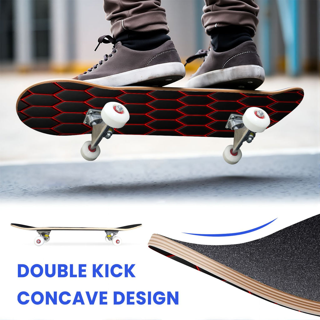 31"x8" Complete Skateboards for Beginners, Abstract Geometric Vibrant Neon Line Accents Dark Futuristic Double Kick 7 Ply Canadian Maple Deck Skateboard with Wheels, Gifts for Boys Teens