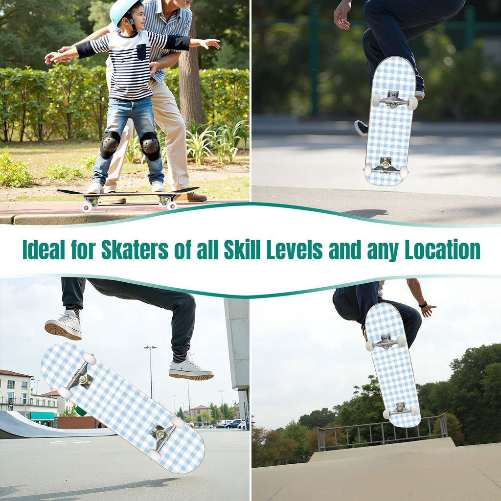 31"x8" Complete Skateboards for Beginners,Colorful Geometric Tile Multicolored Squares Double Kick 7 Ply Canadian Maple Deck Skateboard with Wheels, Gifts for Kids Teens