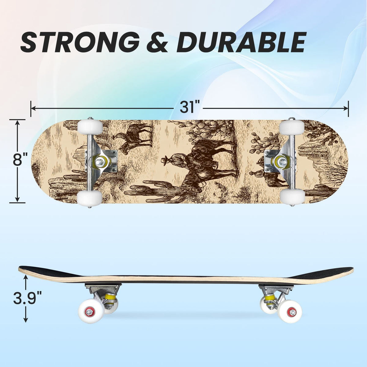 31"x8" Complete Skateboards for Beginners, Turquoise Flowers Teal Daisy Flower Butterfly Blue Romantic Double Kick 7 Ply Canadian Maple Deck Skateboard with Wheels, Gifts for Kids Teens