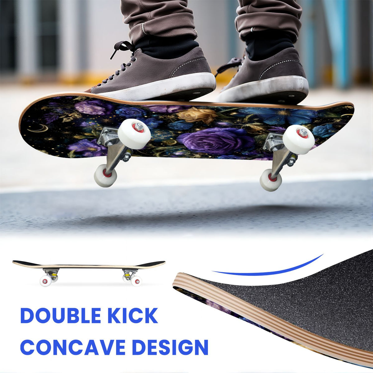 31"x8" Complete Skateboards for Beginners, Ethereal Night Garden Roses Starry Sky Dark Academia Double Kick 7 Ply Canadian Maple Deck Skateboard with Wheels, Gifts for Kids Teens