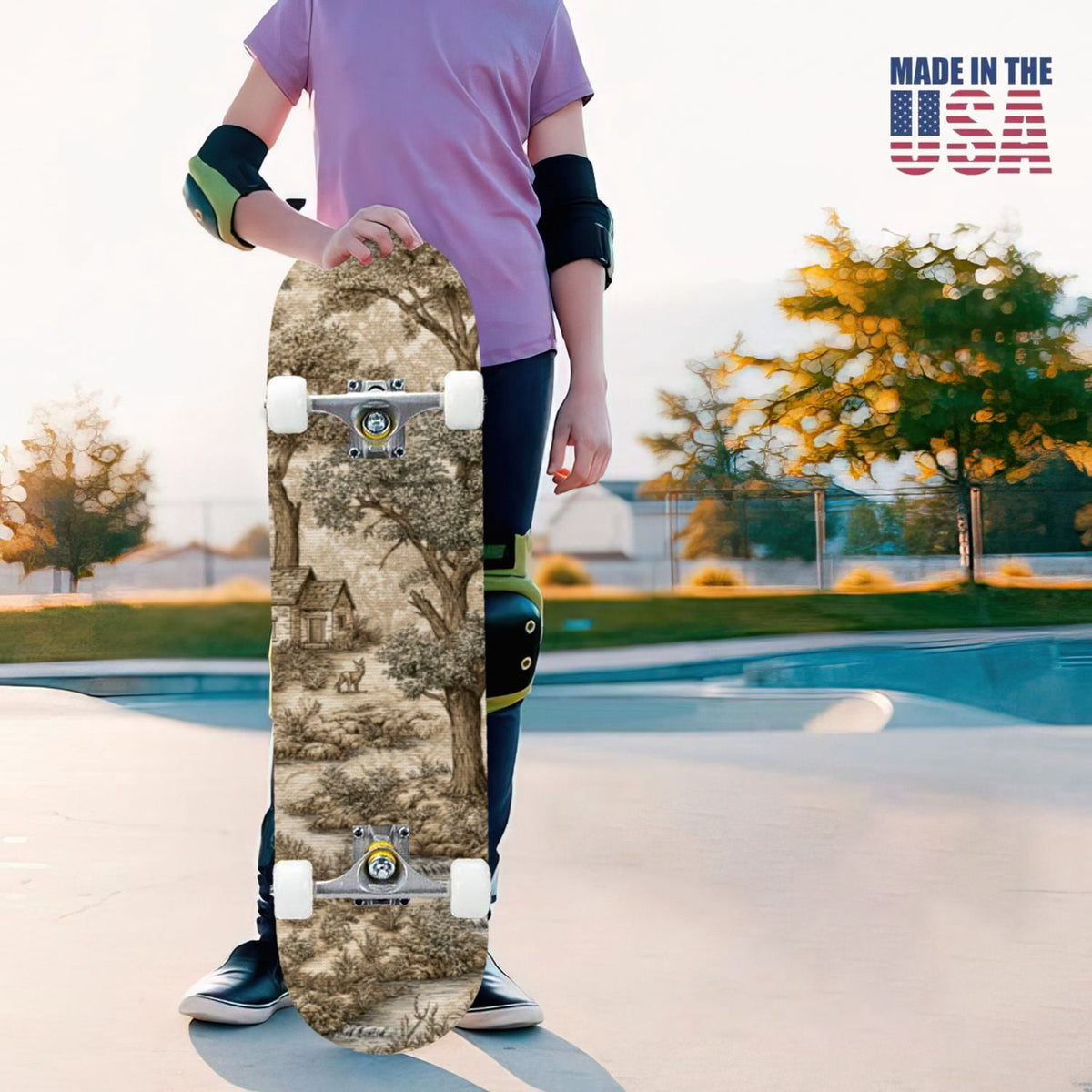 31"x8" Complete Skateboards for Beginners, Vintage Forest Woodland Large Trees Leaves River Cottage Double Kick 7 Ply Canadian Maple Deck Skateboard with Wheels, Gifts for Kids Teens