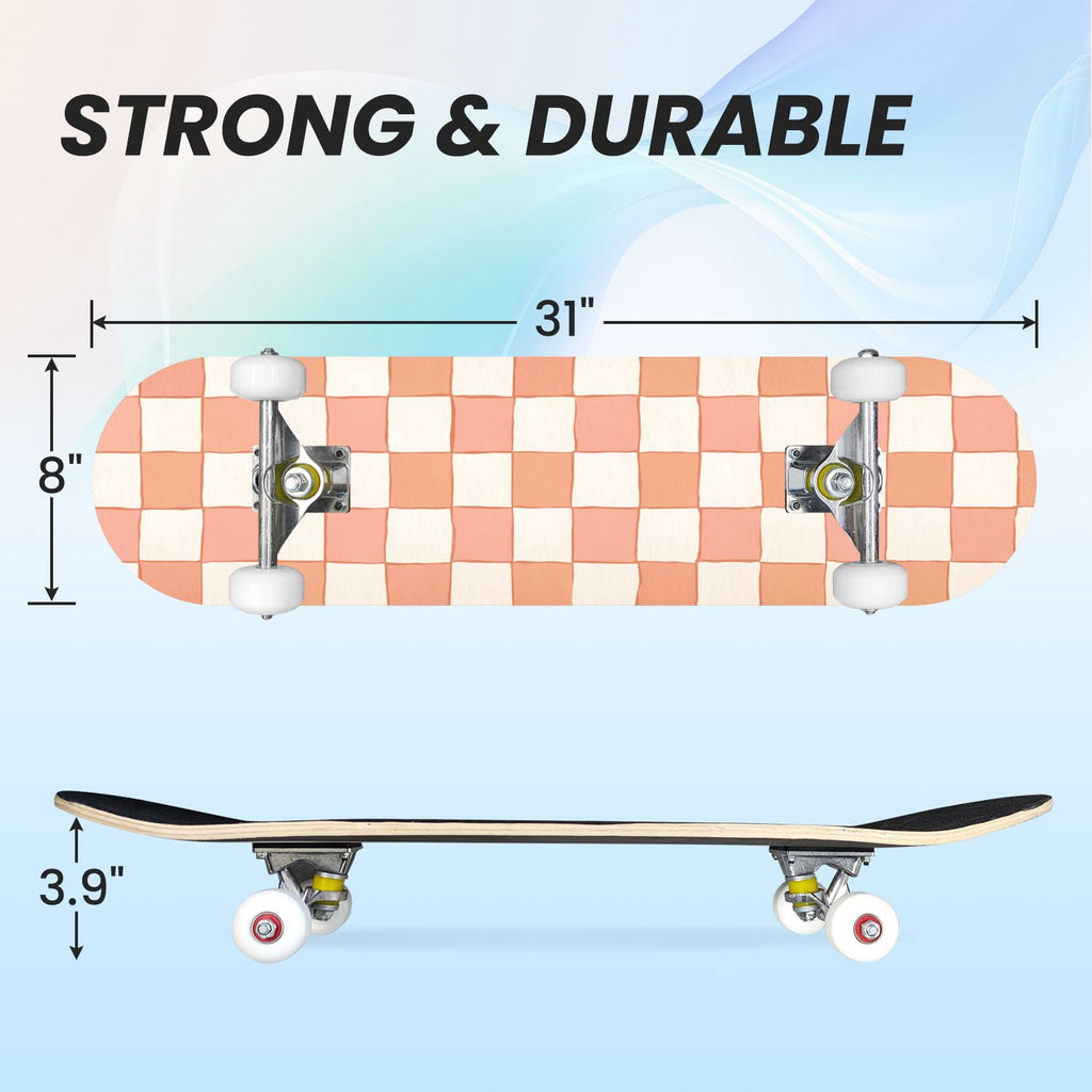 31"x8" Complete Skateboards for Beginners,Colorful Geometric Tile Multicolored Squares Double Kick 7 Ply Canadian Maple Deck Skateboard with Wheels, Gifts for Kids Teens