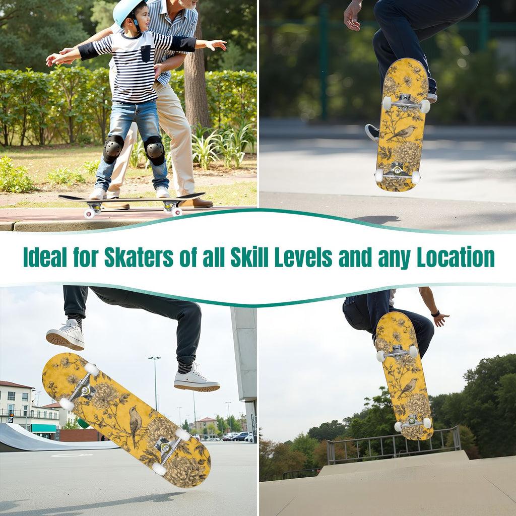 31"x8" Complete Skateboards for Beginners, Turquoise Flowers Teal Daisy Flower Butterfly Blue Romantic Double Kick 7 Ply Canadian Maple Deck Skateboard with Wheels, Gifts for Kids Teens