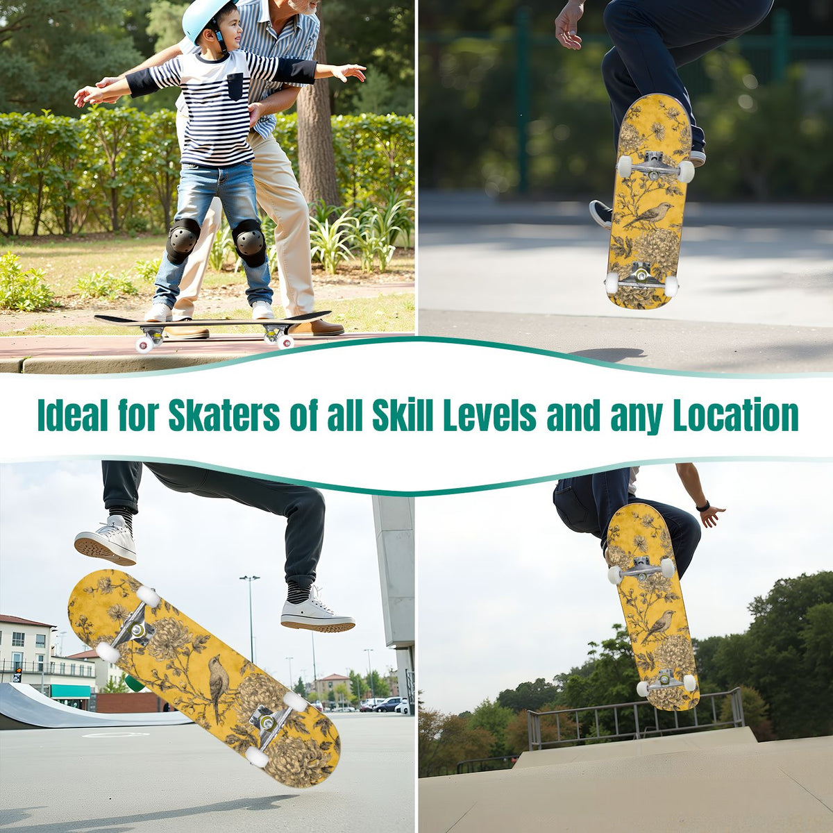 31"x8" Complete Skateboards for Beginners, Turquoise Flowers Teal Daisy Flower Butterfly Blue Romantic Double Kick 7 Ply Canadian Maple Deck Skateboard with Wheels, Gifts for Kids Teens