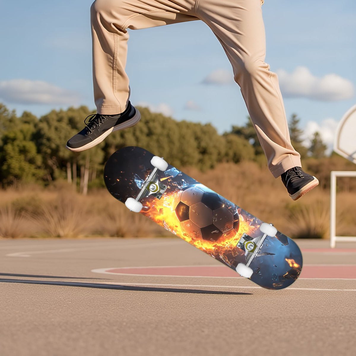 Dynamic Soccer Ball Explosion Energy Effects Stadium 31" x 8" Complete Skateboard, 7-Ply Canadian Maple Double Kick Trick Board for Kids and Beginners Adult Gifts