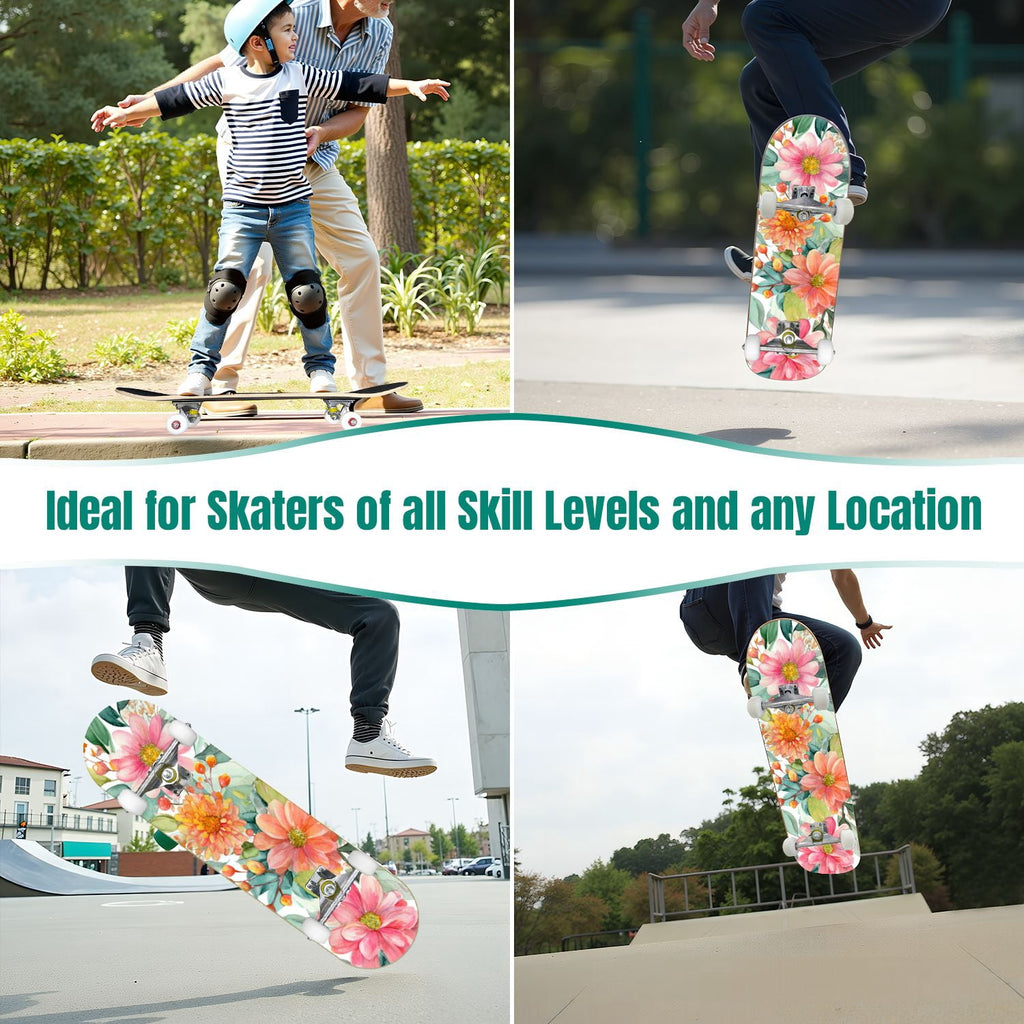 Watercolor Floral Shades Blue Grey Leaves 31" x 8" Complete Skateboard, 7-Ply Canadian Maple Double Kick Trick Board for Kids and Beginners Adult Gifts