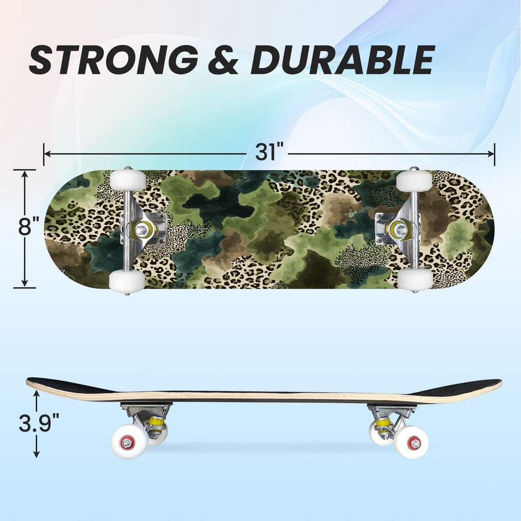 31"x8" Complete Skateboards for Beginners,Abstract Natural Earthy Tones Brush Strokes Camouflage Double Kick 7 Ply Canadian Maple Deck Skateboard with Wheels, Gifts for Kids Teens