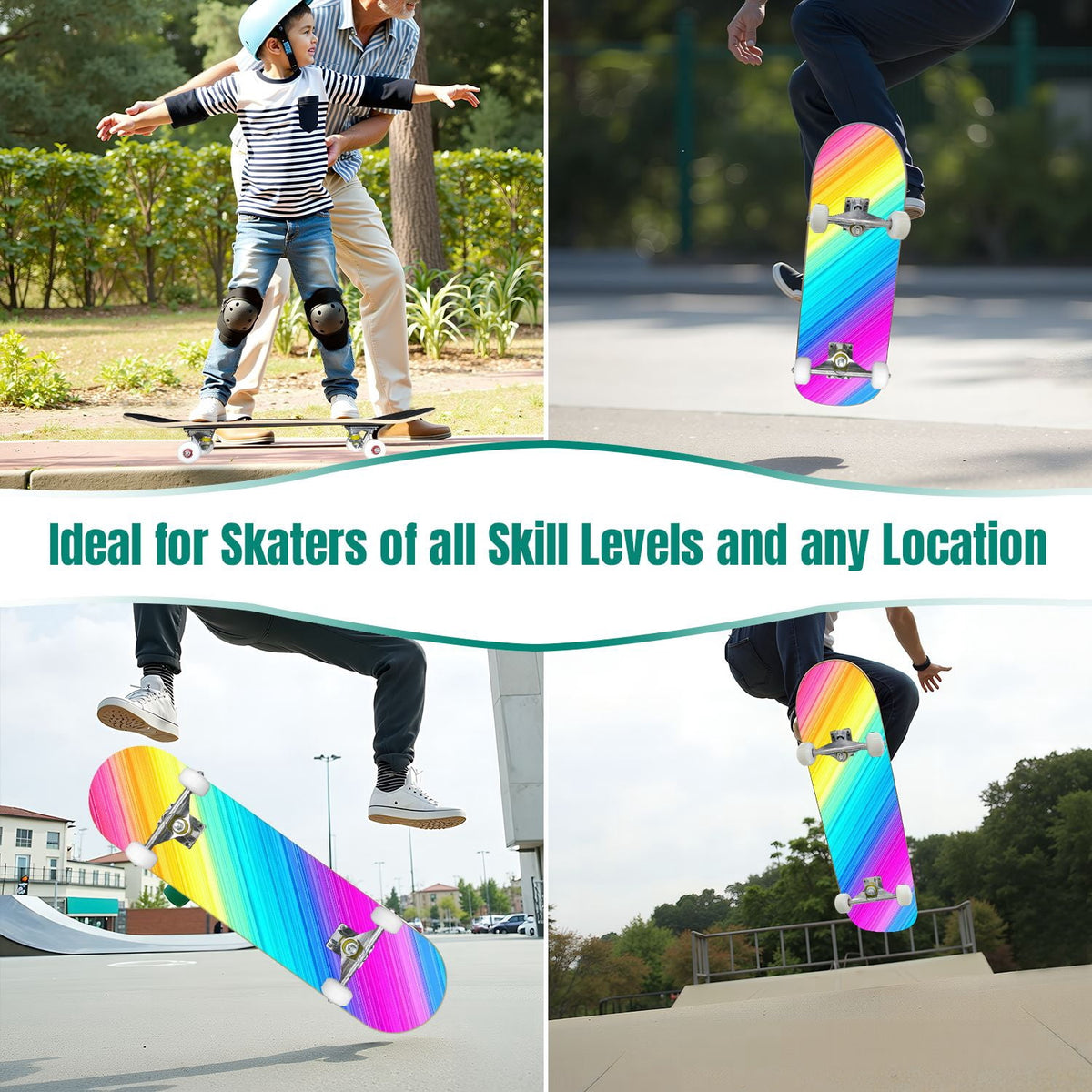 31"x8" Complete Skateboards for Beginners,Vibrant Diagonal Rainbow Gradient Abstract Art Double Kick 7 Ply Canadian Maple Deck Skateboard with Wheels, Gifts for Kids Teens