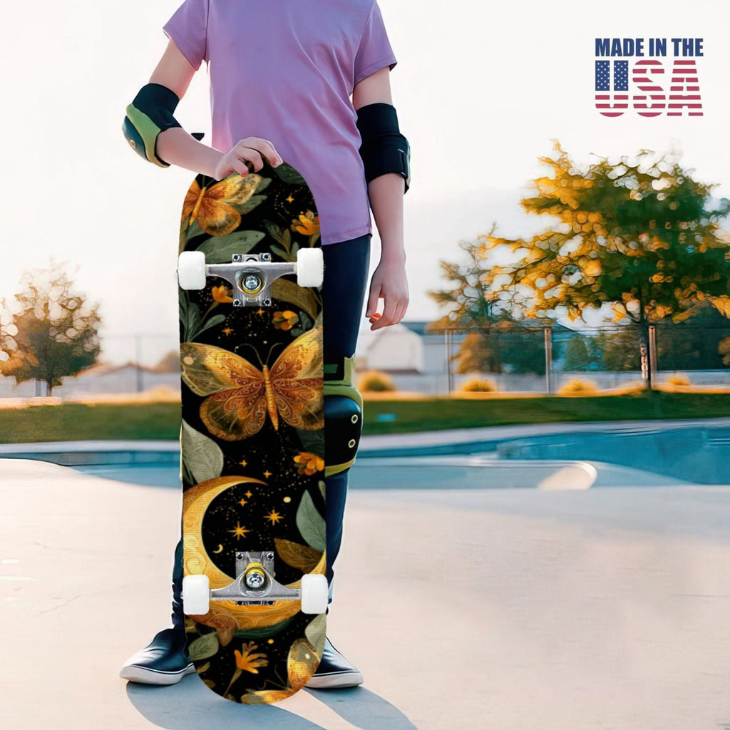 31"x8" Complete Skateboards for Beginners,Whimsical Moths Flowers Pastel Colors Stars Moon Mystical Double Kick 7 Ply Canadian Maple Deck Skateboard with Wheels, Gifts for Kids Teens
