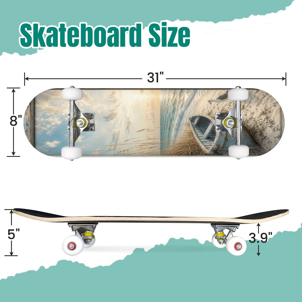 White Birch Tree Bark Natural Knots Horizontal Lines 31" x 8" Complete Skateboard, 7-Ply Canadian Maple Double Kick Trick Board for Kids and Beginners Adult Gifts
