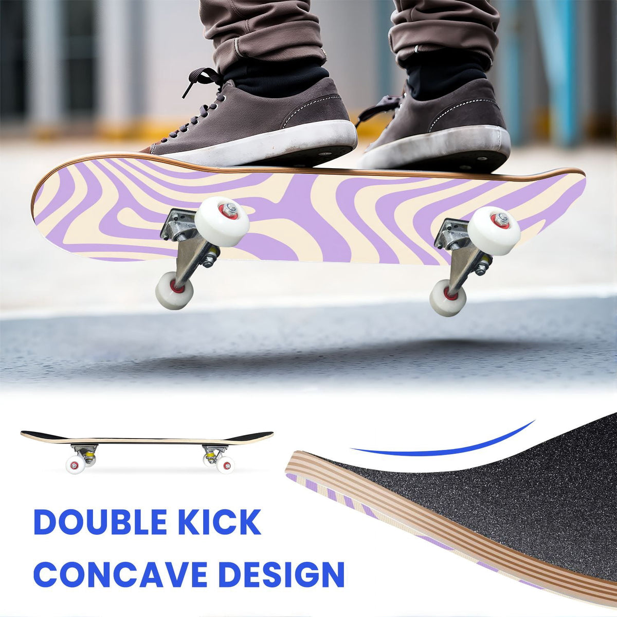 31"x8" Complete Skateboards for Beginners, Abstract Wavy Purple Beige Zebra Design Double Kick 7 Ply Canadian Maple Deck Skateboard with Wheels, Gifts for Kids Teens