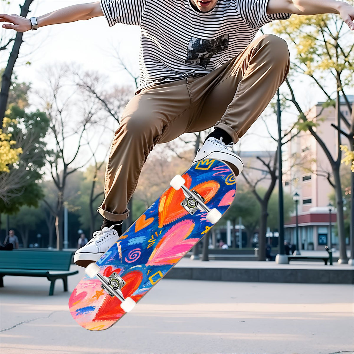 Complete Skateboard Colorful Hearts 31 Inch 7-Ply Maple Skateboard with PU Wheels and Aluminum Trucks, Ready-to-Ride Skateboard for Beginners, Teens and Adults
