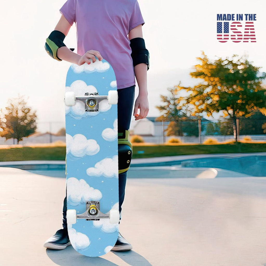 31"x8" Complete Skateboards for Beginners, Cute Light Blue Sky Cartoon Summer Decor Double Kick 7 Ply Canadian Maple Deck Skateboard with Wheels, Gifts for Kids Teens