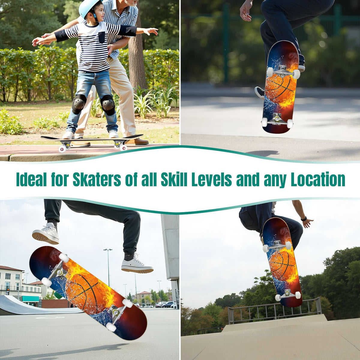 31"x8" Complete Skateboards for Beginners,baseball stadium giant baseballs sunset sky Double Kick 7 Ply Canadian Maple Deck Skateboard with Wheels, Gifts for Kids Teens