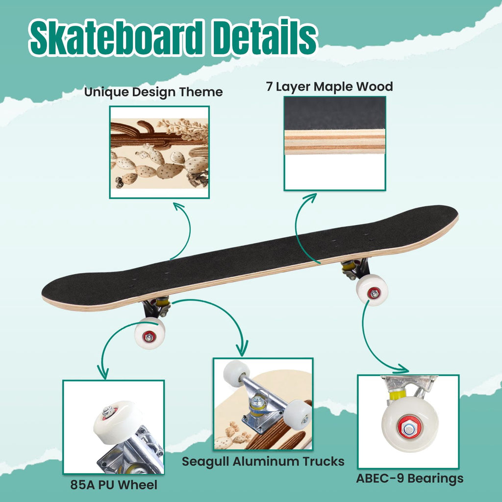 Seashells Starfish Sandy Beach Soft Lighting 31" x 8" Complete Skateboard, 7-Ply Canadian Maple Double Kick Trick Board for Kids and Beginners Adult Gifts