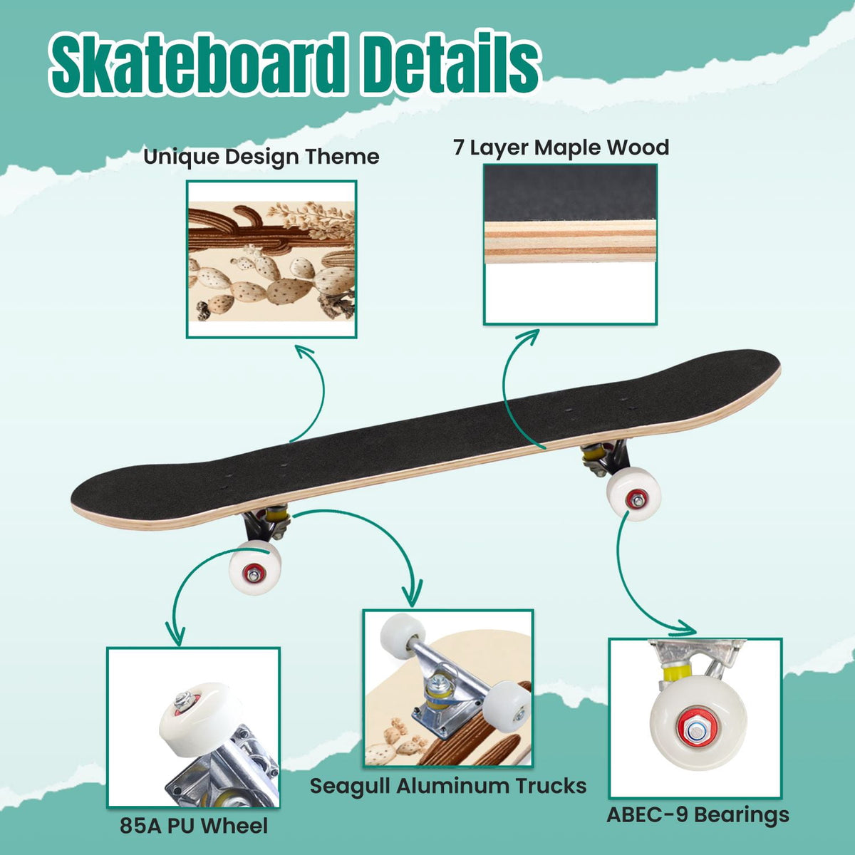 Seashells Starfish Sandy Beach Soft Lighting 31" x 8" Complete Skateboard, 7-Ply Canadian Maple Double Kick Trick Board for Kids and Beginners Adult Gifts