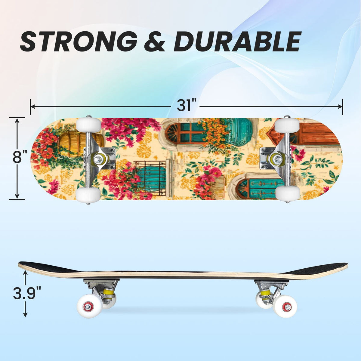 31"x8" Complete Skateboards for Beginners, Vintage Forest Woodland Large Trees Leaves River Cottage Double Kick 7 Ply Canadian Maple Deck Skateboard with Wheels, Gifts for Kids Teens