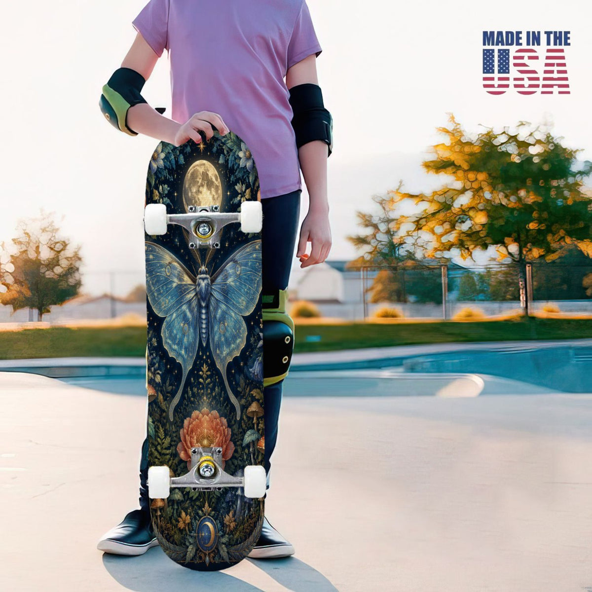 31"x8" Complete Skateboards for Beginners, Blue Moth Moonlight Flowers Mushrooms Forest Double Kick 7 Ply Canadian Maple Deck Skateboard with Wheels, Gifts for Kids Teens