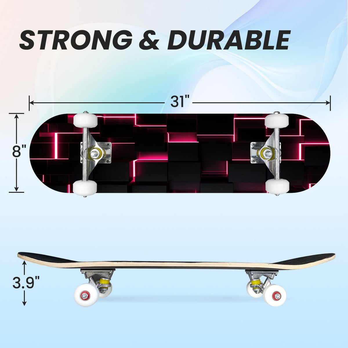 31"x8" Complete Skateboards for Beginners, Honeycomb Futuristic Hexagonal Neon Glowing Orange Light Double Kick 7 Ply Canadian Maple Deck Skateboard with Wheels, Gifts for Kids Teens