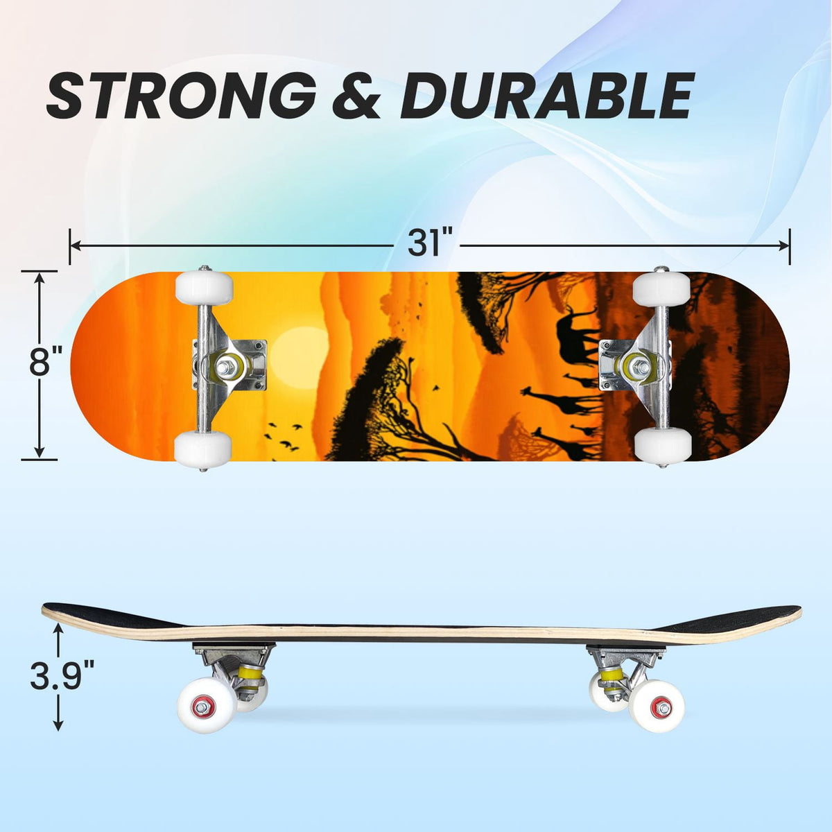 31"x8" Complete Skateboards for Beginners, Soft Blue Cream Striped Design Double Kick 7 Ply Canadian Maple Deck Skateboard with Wheels, Gifts for Kids Teens