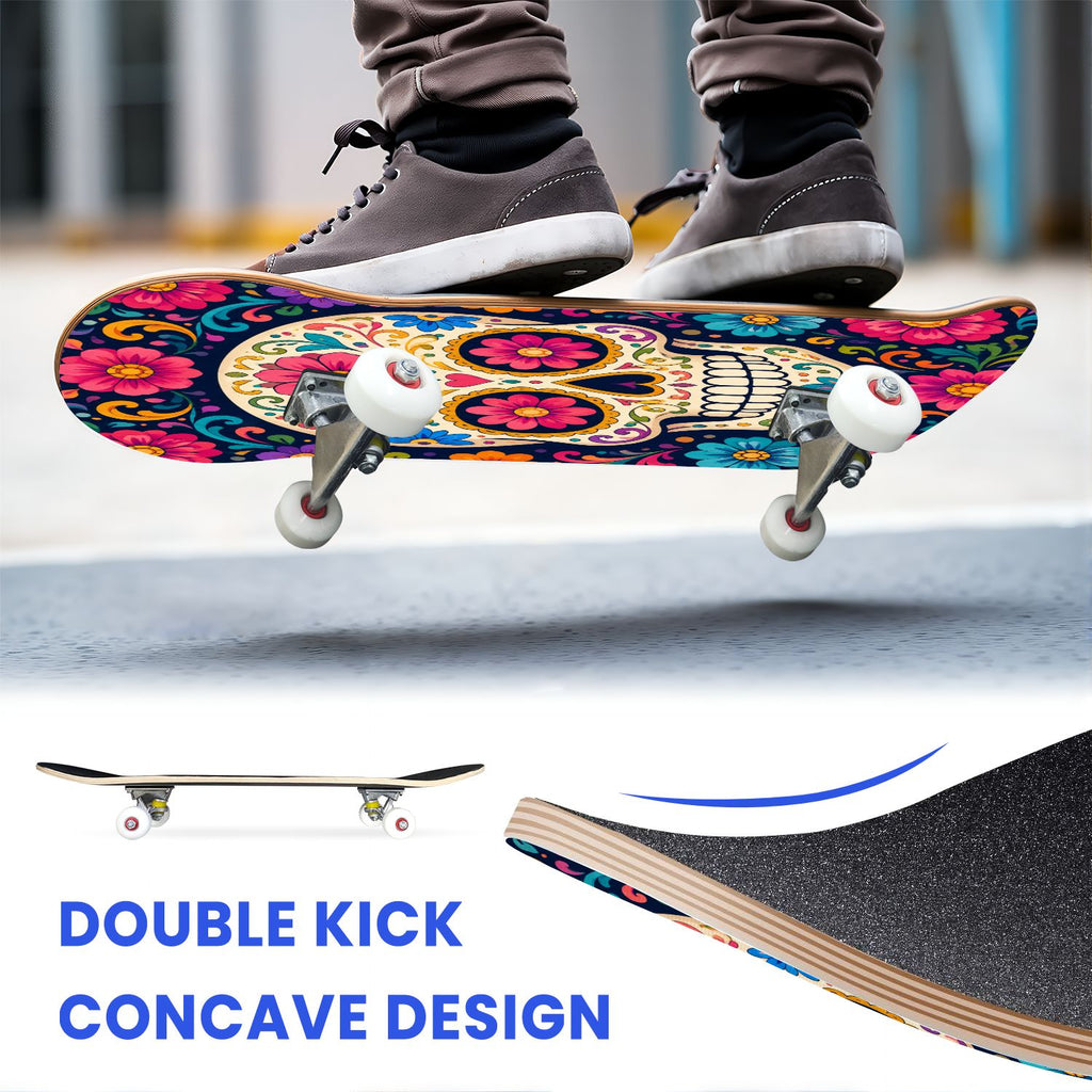 31"x8" Complete Skateboards for Beginners, Colorful Sugar Skulls Floral Patterns Mexican Double Kick 7 Ply Canadian Maple Deck Skateboard with Wheels, Gifts for Kids Teens