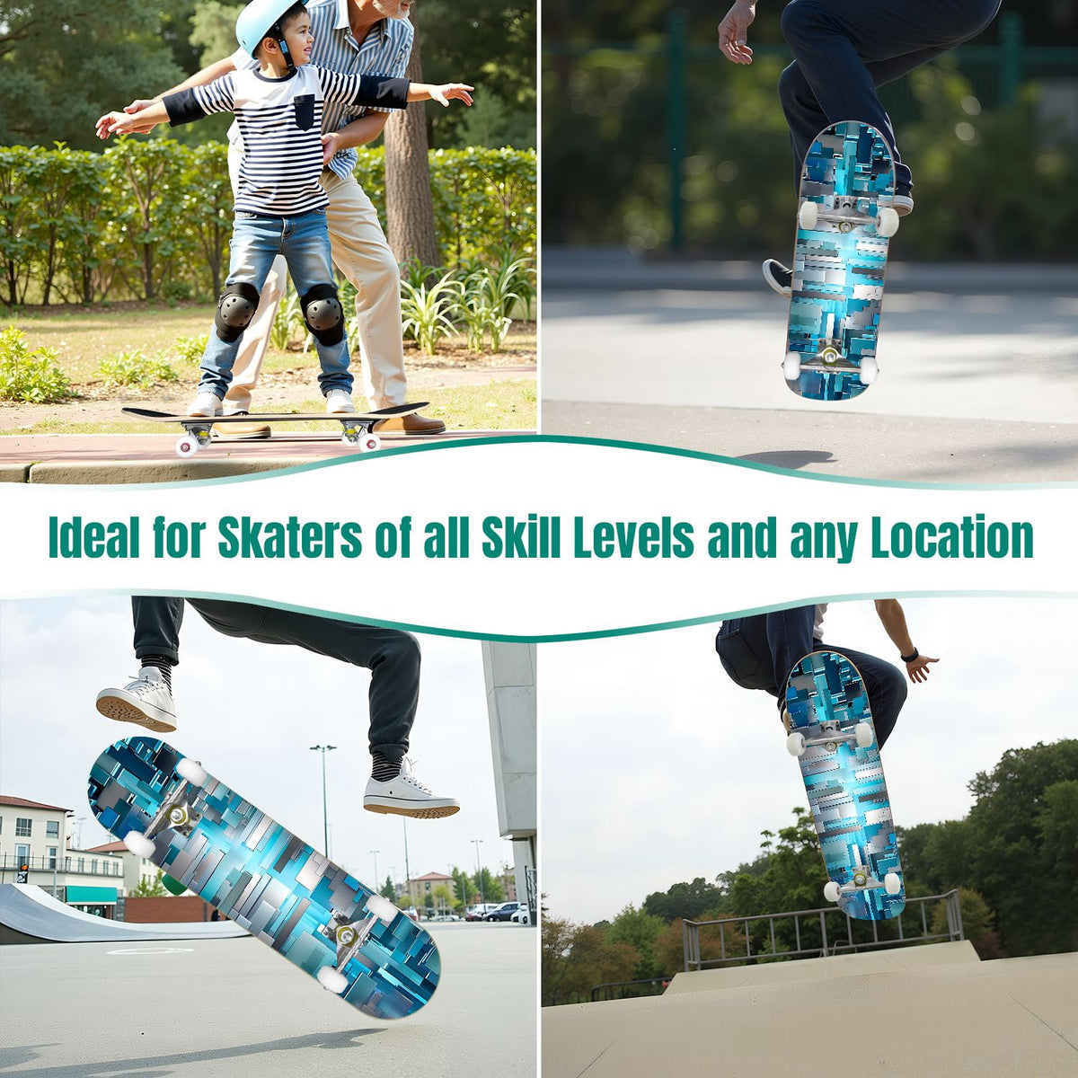 Glowing Futuristic Cubic Tunnel Metallic Tiles Bright Light 31" x 8" Complete Skateboard, 7-Ply Canadian Maple Double Kick Trick Board for Kids and Beginners Adult Gifts