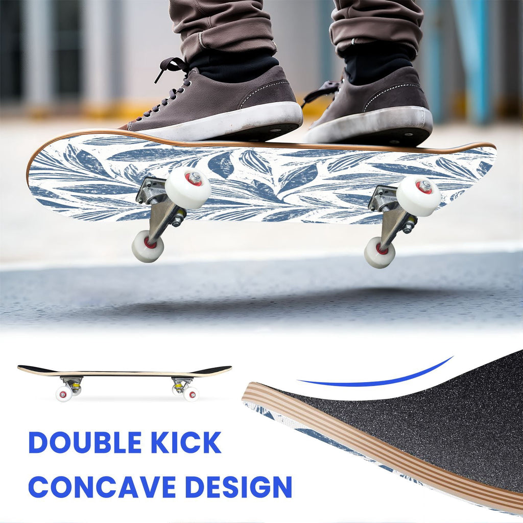 31"x8" Complete Skateboards for Beginners,Blue White Toile Rabbits Birds Floral Motifs Double Kick 7 Ply Canadian Maple Deck Skateboard with Wheels, Gifts for Kids Teens