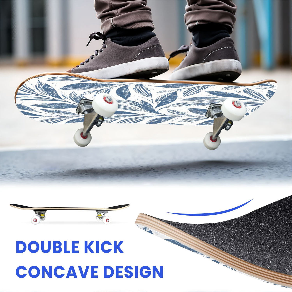 31"x8" Complete Skateboards for Beginners,Blue White Toile Rabbits Birds Floral Motifs Double Kick 7 Ply Canadian Maple Deck Skateboard with Wheels, Gifts for Kids Teens