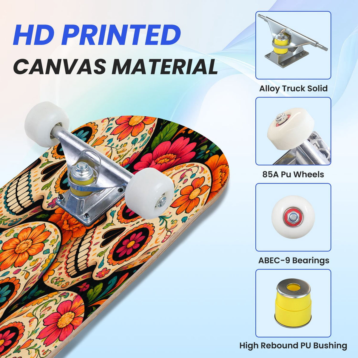 31"x8" Complete Skateboards for Beginners, Colorful Sugar Skulls Floral Patterns Mexican Double Kick 7 Ply Canadian Maple Deck Skateboard with Wheels, Gifts for Kids Teens