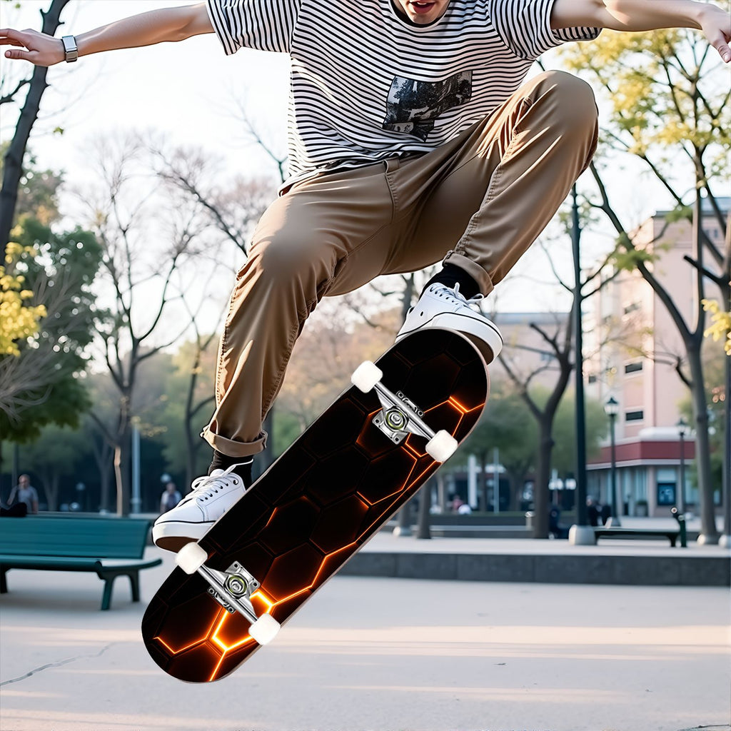 31"x8" Complete Skateboards for Beginners, Honeycomb Futuristic Hexagonal Neon Glowing Orange Light Double Kick 7 Ply Canadian Maple Deck Skateboard with Wheels, Gifts for Kids Teens