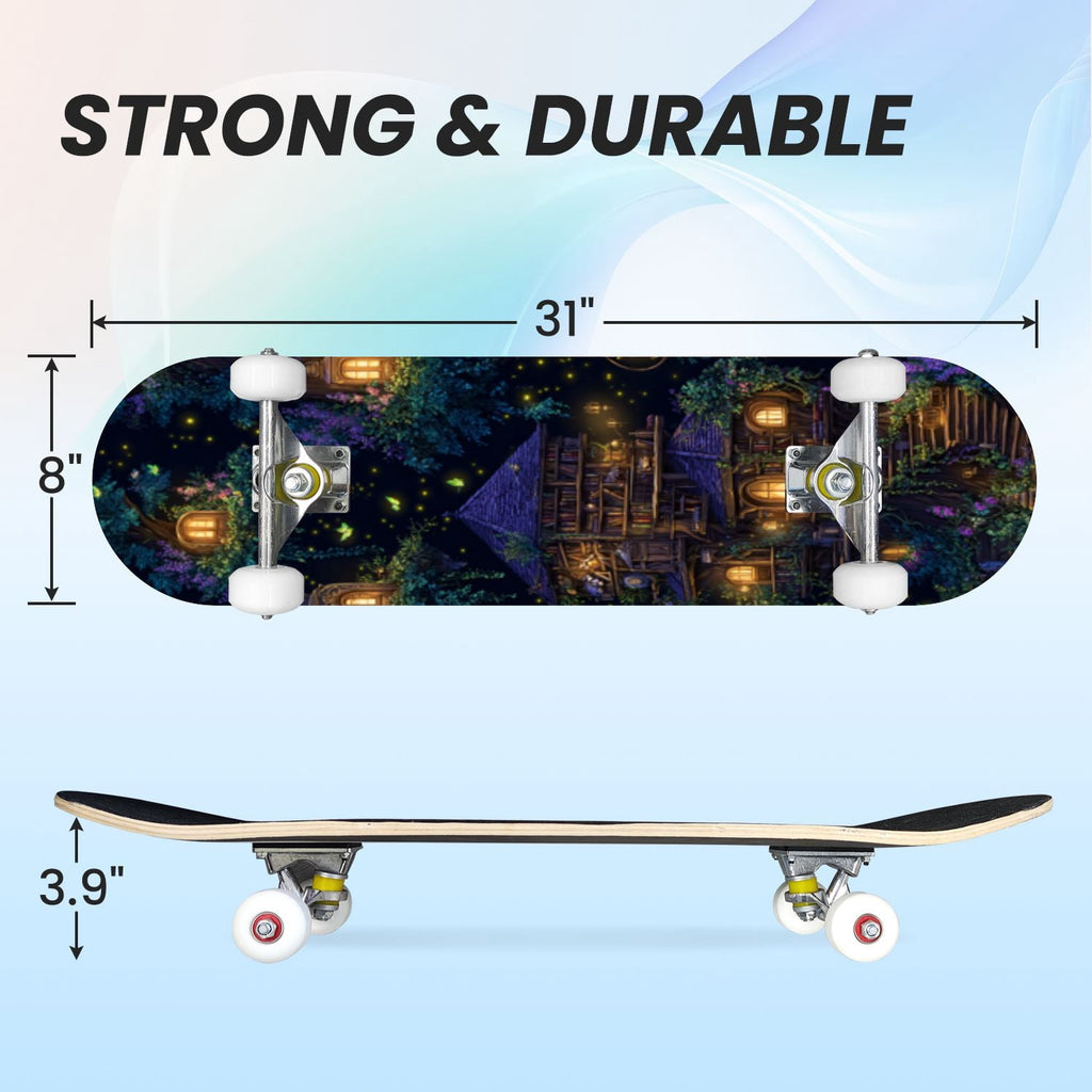 31"x8" Complete Skateboards for Beginners,Bold Stained Glass Western Double Kick 7 Ply Canadian Maple Deck Skateboard with Wheels, Gifts for Kids Teens